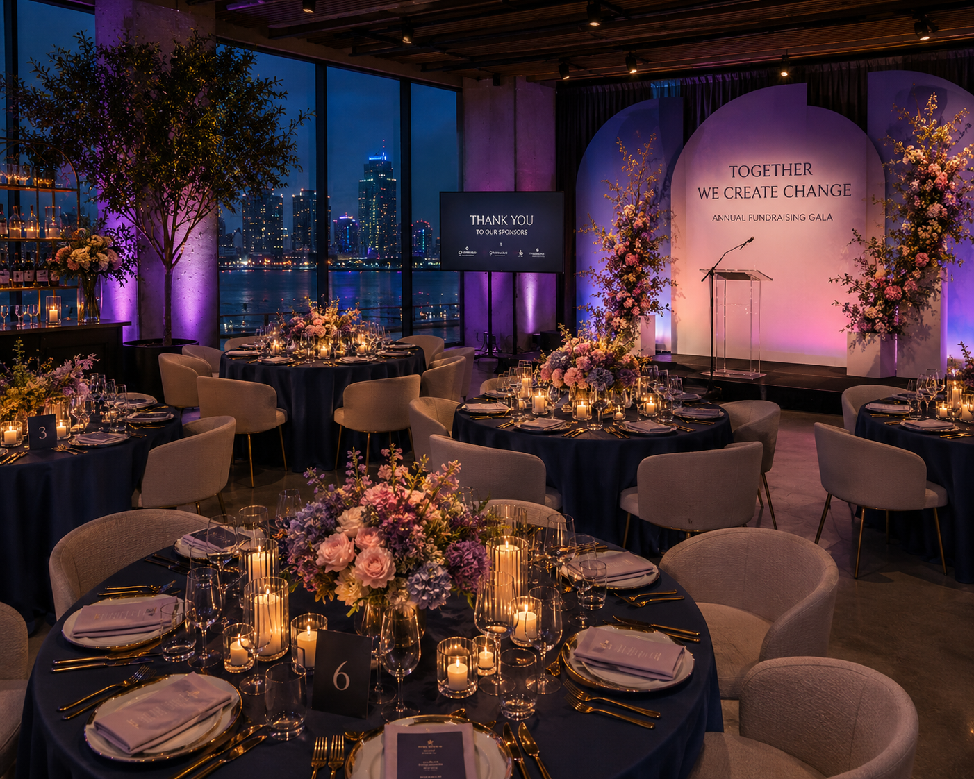 Elegant gala with floral arrangements and city views