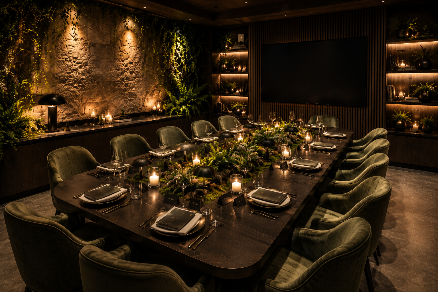 Upscale private dining room with elegant table setting