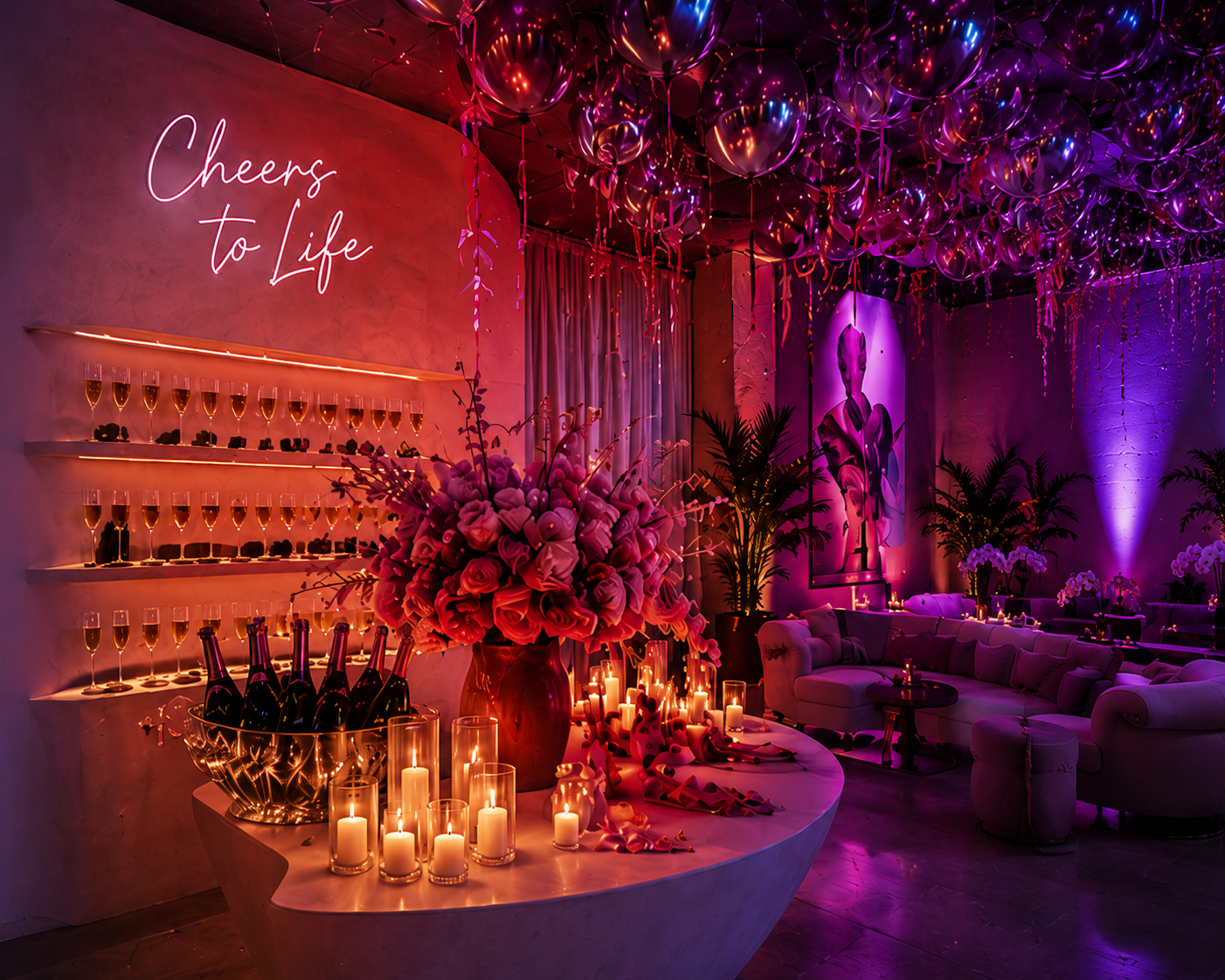 Exclusive private event with neon lighting and champagne